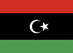 [ai] The flag of Libya features three horizontal stripes in red, black, and green. A white crescent and star are centered on the black stripe.